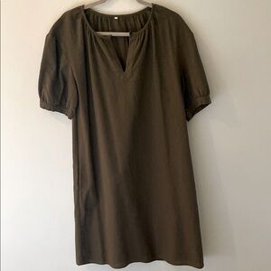 Olive Green Short Sleeve Dress, Cotton Linen Blend, Size M